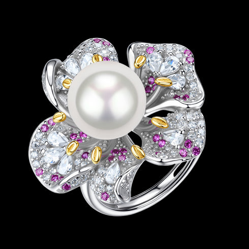 7-8mm Freshwater Pearl Zirconia Rose Earrings